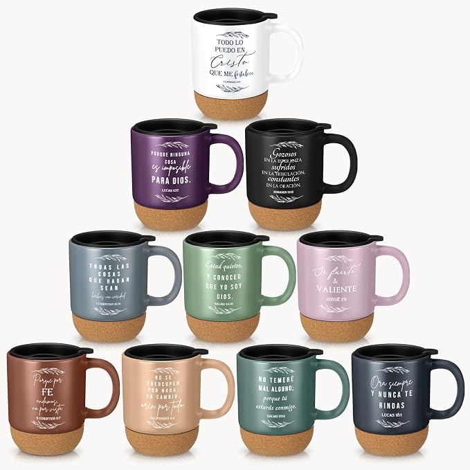 Jingmore 10 Pcs Christian Gift Bulk Religious Mugs with Bible Verse Coffee Cup 15oz for Teacher Nurse Women Men Church Member Employee Mom Dad Clergy Pastor(Leaves, Spanish)