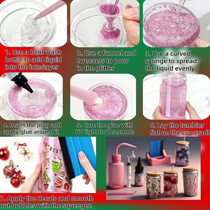 SIECCY Snow Globe Tumbler Kit – 4 Pack 16oz Snow Globe Cups, Pre-Drilled Double Wall Glass, Bamboo Lids, Straws, 13 Glitter Colors, Funnels, Bent Syringe, UV Resin