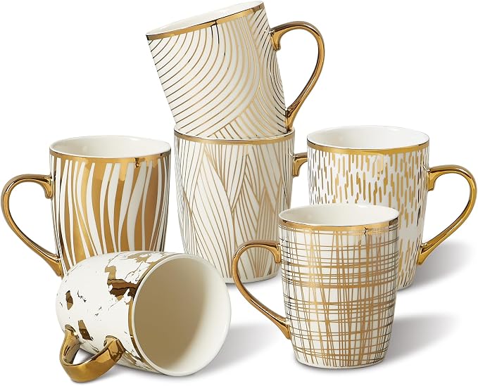 ONEMORE Coffee Mugs 18oz - Gold-Plated Ceramic Mugs for Latte, Hot Tea, Cappuccino, Mocha, Cocoa - Luxury Gold Trim Mug Set of 6, White & Gold, Multicolored
