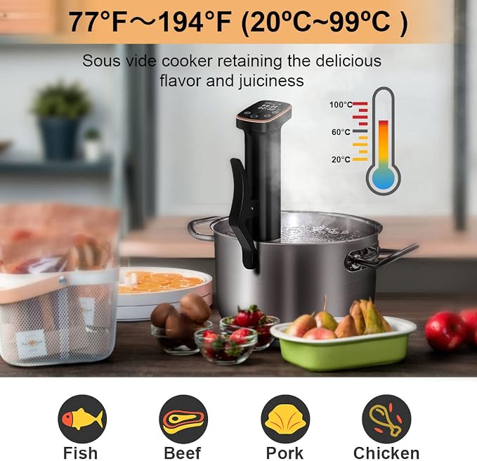 1100W Sous Vide Cooker for Steak & Tender Chicken Sous Vide Machine Ultra-Quiet Immersion Circulator with Precise Touch Control & Digital Timer, Fast Heating, IPX7 Waterproof