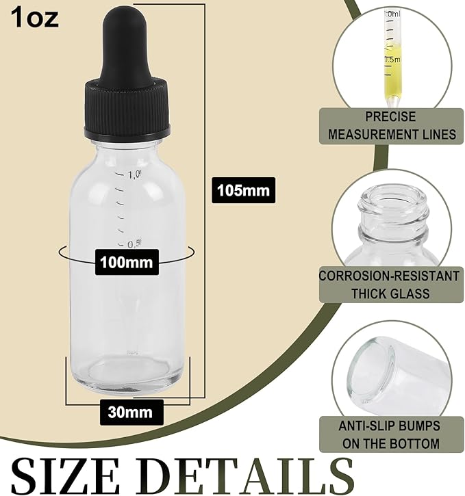 NOOEEISS 48 Pack,1oz Glass Dropper Bottle, Clear Tincture Bottles with Dropper, Pretty Finish for All Kinds of Liquids,Oil Bottles for Hair- Stronger Suction ideal for Leakproof Travel