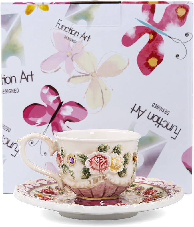 Ceramic Coffee Mug and Saucer Set for Women, Vitorian Hand-painted Rose Flower Tea Cup - 3oz(Red)