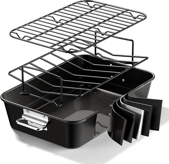Turkey Roasting Pan with Rack Non stick Carbon Steel Roaster 16x11 Inch, Dishwasher Safe, Deep Baking Broiler Pan for Oven Chicken, Bacon, Black