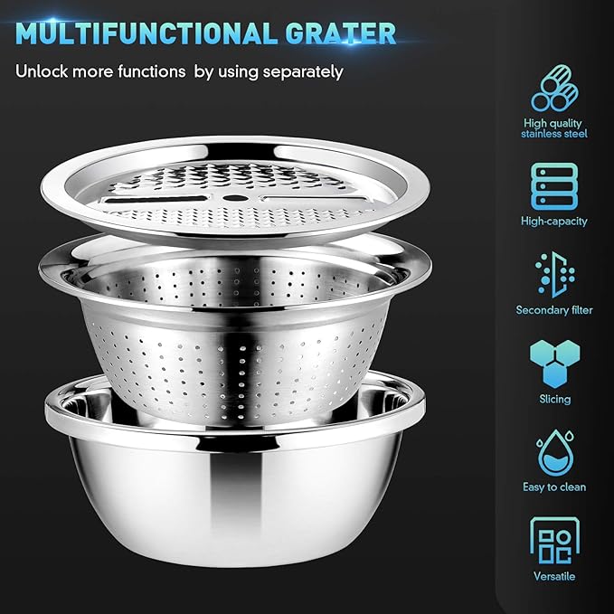 Stainless Steel Grater with Drain Basket 3-in-1 Multipurpose Vegetable Cutter Salad Bowl Kitchen Strainer and Shredder 10.2 Inch
