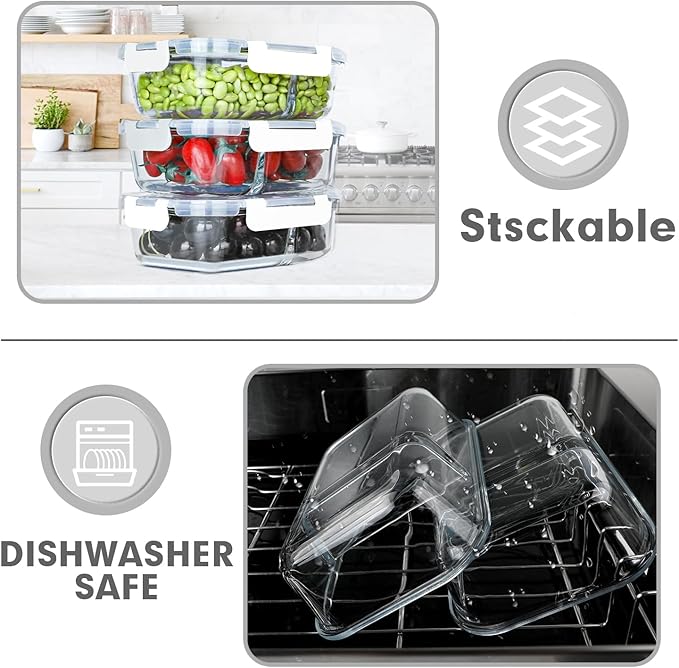 VERONES 10 Pack Glass Meal Prep Containers 2 Compartment Set, 30 OZ Airtight Glass Lunch Containers, Glass Food Storage Containers with Lids, for Microwave, Oven, Freezer & Dishwasher Friendly，White