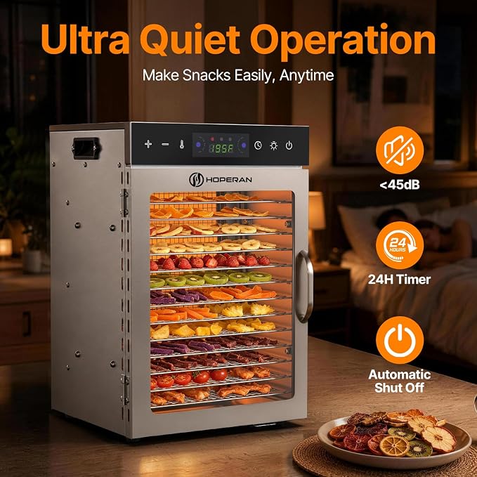 HOPERAN 14 Tray Food Dehydrator Machine for Jerky, Fruit, Herb & Dog Treats | Stainless Steel, Digital Temperature & Timer Control, 2 Fans 800W, Quiet <48dB, Including 2 Mesh Screens & 1 Fruit Roll Tray