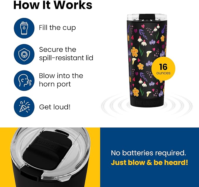 The LoudCup Blow Horn Tumbler, Cheer & Sip 2-in-1 Reusable Water Bottle with Built-In Horn for Sports Games, Tailgates, Parties & Events, BPA-Free, 16 oz, Flowers
