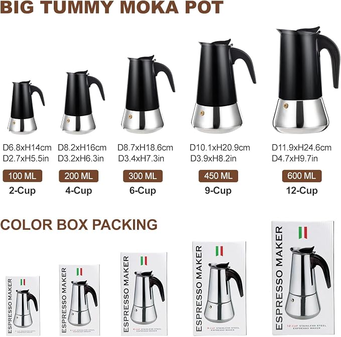 9 Cup Stovetop Espresso Maker Stainless Steel Moka Pot Stove Top Percolator Italian Coffee Makers Capable Mocha Greca Machine Cafe Classic Induction Cookers for Home and Camping 450ml 15oz