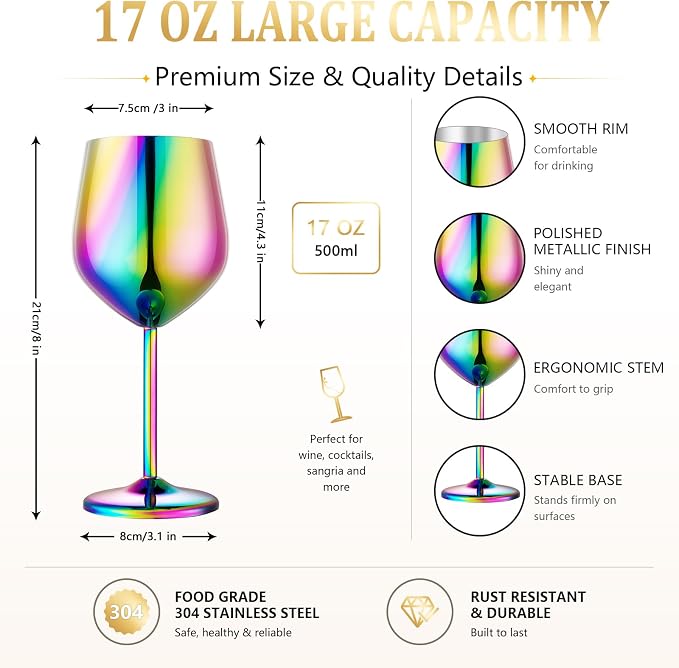 UNISWEET Stainless Steel Wine Glasses Set of 4 Unbreakable Wine Glass 18 oz Unique Metal Wine Goblets for Outdoor, Travel, Camping, Pool, Ideal Gift for Wine Lovers (Colorful)