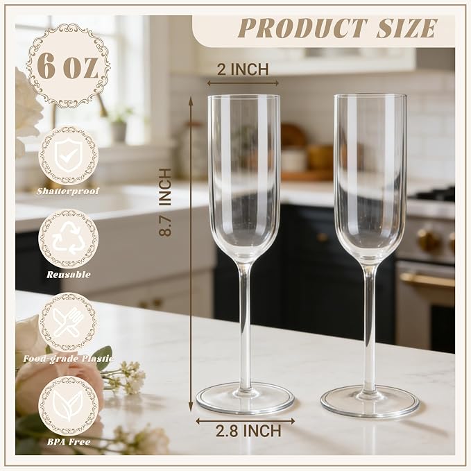 Plastic Champagne Flutes Set, 6oz Unbreakable Champagne Glasses Bulk, Shatterproof Reusable Mimosa Prosecco Sparkling Wine Cups for Wedding Party (Clear, 24pcs)