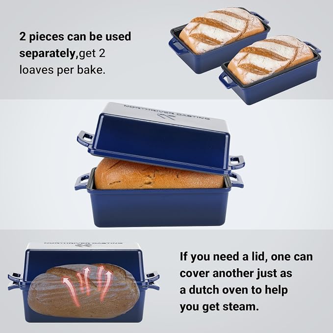 Northriver Casting 2 in 1 Enameled Cast Iron Bread Pan with Lid, Perfect Bread Oven, Loaf Pans for Baking Homemade Sourdough Bread 9x5, 2 Piece set, Navy Blue