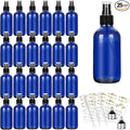 CycleMore 25 Pack 4oz Blue Glass Spray Bottles with Fine Mist Sprayers, Glass Travel Bottles for Cosmetic Essential Oils Cleaning Solutions Perfumes & More Liquids (1 Brush, 2 Funnels and 36 Labels)