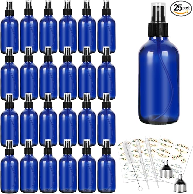 CycleMore 25 Pack 4oz Blue Glass Spray Bottles with Fine Mist Sprayers, Glass Travel Bottles for Cosmetic Essential Oils Cleaning Solutions Perfumes & More Liquids (1 Brush, 2 Funnels and 36 Labels)