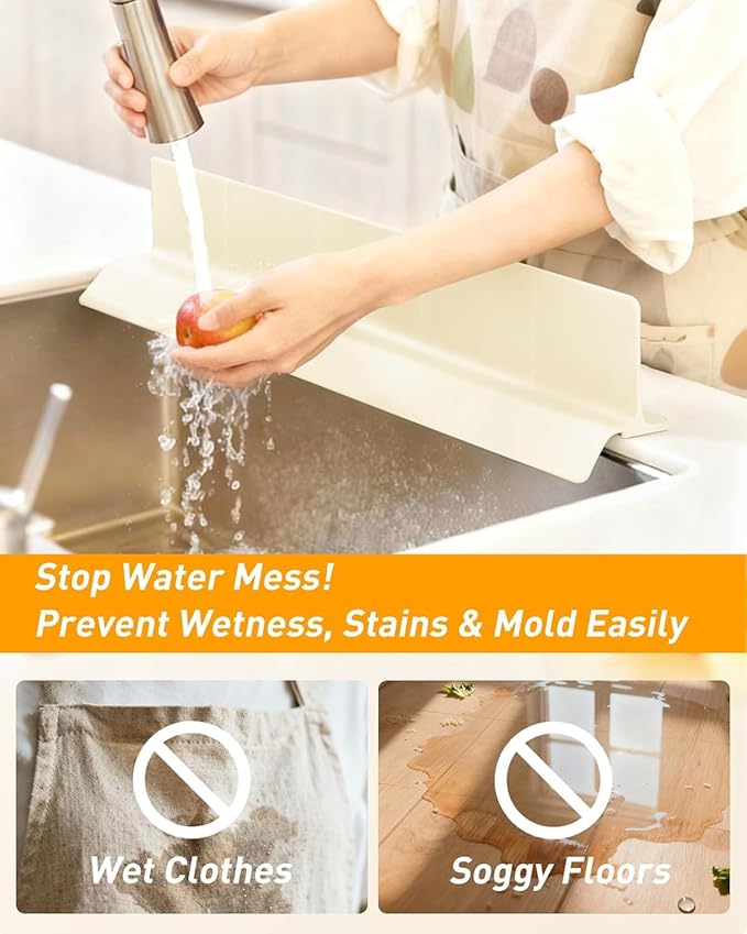 Kitchen Sink Splash Guard 30" 23" 18" Silicone Water Guard with Suction Cups, Faucet & Countertop Protector, Bathroom & Sink Edge Splash Guard Strip, Easy Install, Dishwasher Safe-Cream