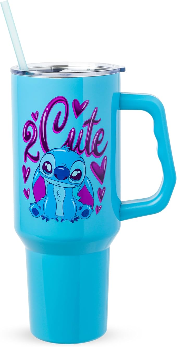 Silver Buffalo Disney Lilo and Stitch “2 Cute” Double Walled Stainless Steel Tumbler with Handle, Fits in Standard Cup Holder, 40 Ounces