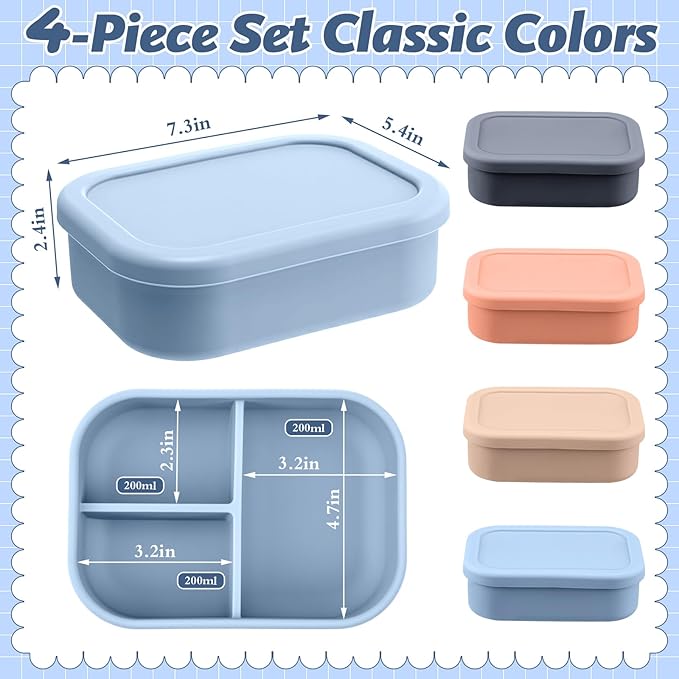 Honeydak 4 Pcs Silicone Bento Box for Adults, 3 Compartment Lunchable Food Container for Women Men, Leak Proof Microwave Dishwasher Freezer Safe (Grey,Blue,Khaki,Orange)