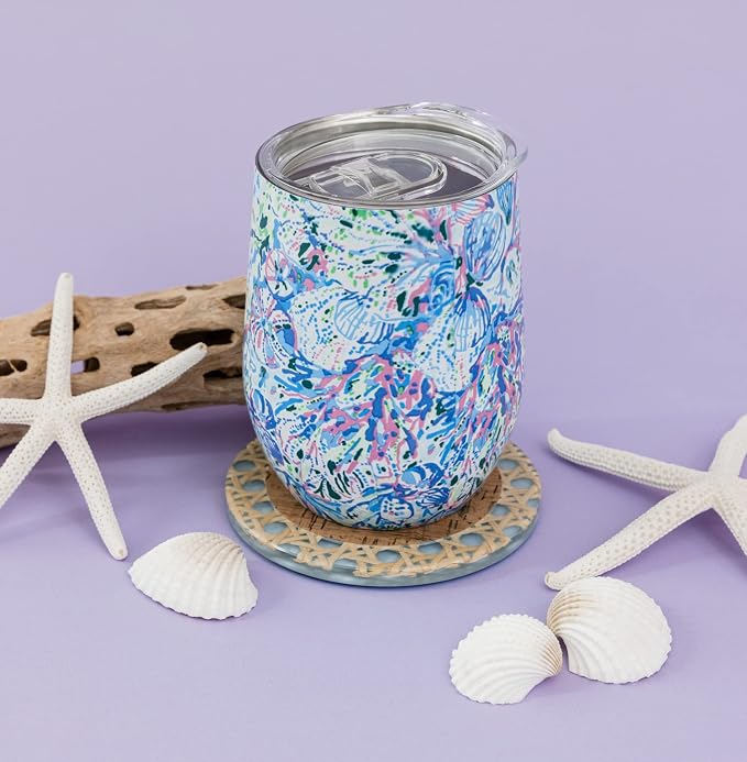 Lilly Pulitzer 12 Oz Insulated Tumbler with Lid, Stainless Steel Travel Wine Glass, Double Wall Metal Cup, Soleil It On Me (Pack of 2)