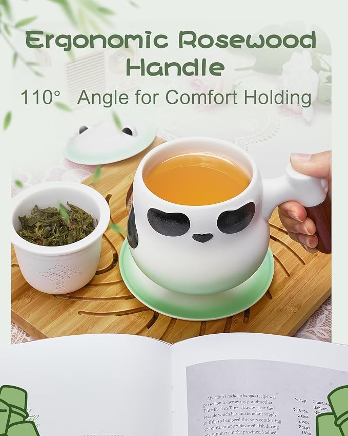 ZENS Tea Cup with Infuser and Lid for Loose Leaf Tea Steeper, 11 oz Cute Panda Tea Mug with Strainer and Coaster for Daughter, Collector's Mug Gifts