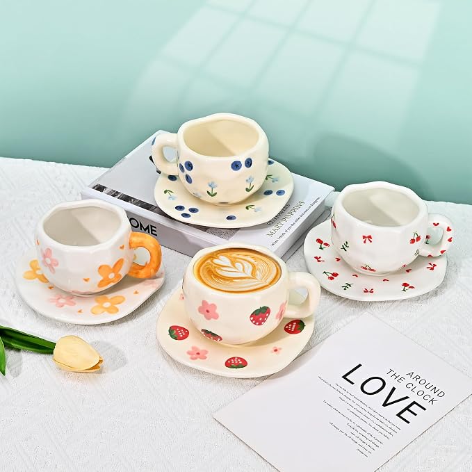 Koythin Ceramic Coffee Mug with Saucer Set, Cute Creative Cherry Bow Cup Unique Irregular Design for Office and Home, 10 oz/300 ml for Latte Tea Milk