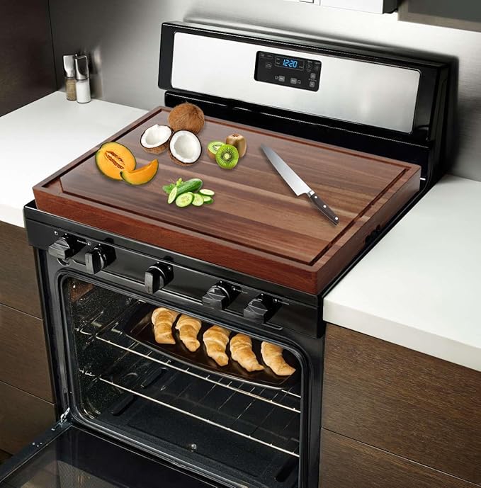 Acacia Stove Top Cover for Gas Burners & Electric Stove, Noodle Board Stove Cover with Wavy Handles, Wooden Stovetop Cutting Board with Juice Grooves, Serving Tray 30"L x 22"W x 2.5"H