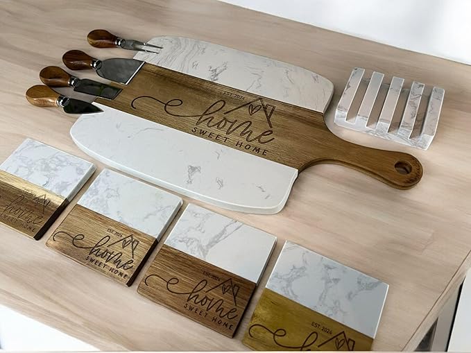 Personalized Marble Charcuterie Board with Serving Tools - New Home Gift, Unique Wedding Gift, Real Estate Closing Gifts - Natural Acacia Engraved Charcuterie Board (Closing Gift)