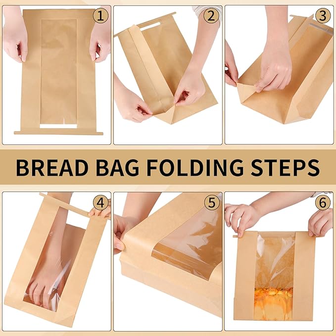woric 120 Bread Bags for Homemade Bread, Sourdough Bread Bag with Window 14" X 8.3" X 3.5" Large Paper Bakery Bags with Tin Tie Tab Lock Stickers for Food Cookies Packaging Storage