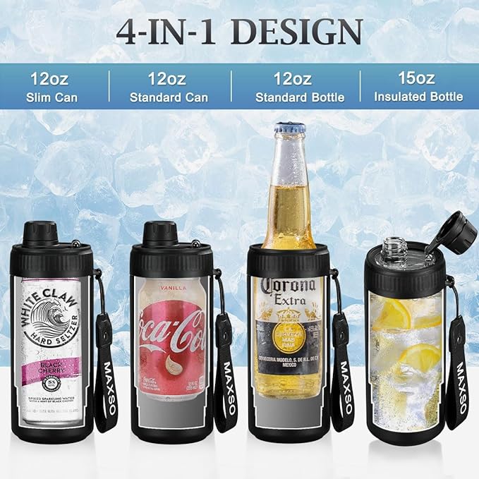 MAXSO Sealed Can Cooler Fizz Lid Can Cover for 12 oz Regular, Slim Skinny Cans & As Thermal Bottle, 4-in-1 Insulated Vacuum Stainless Steel Carbonated Cold Drink Holder - Black