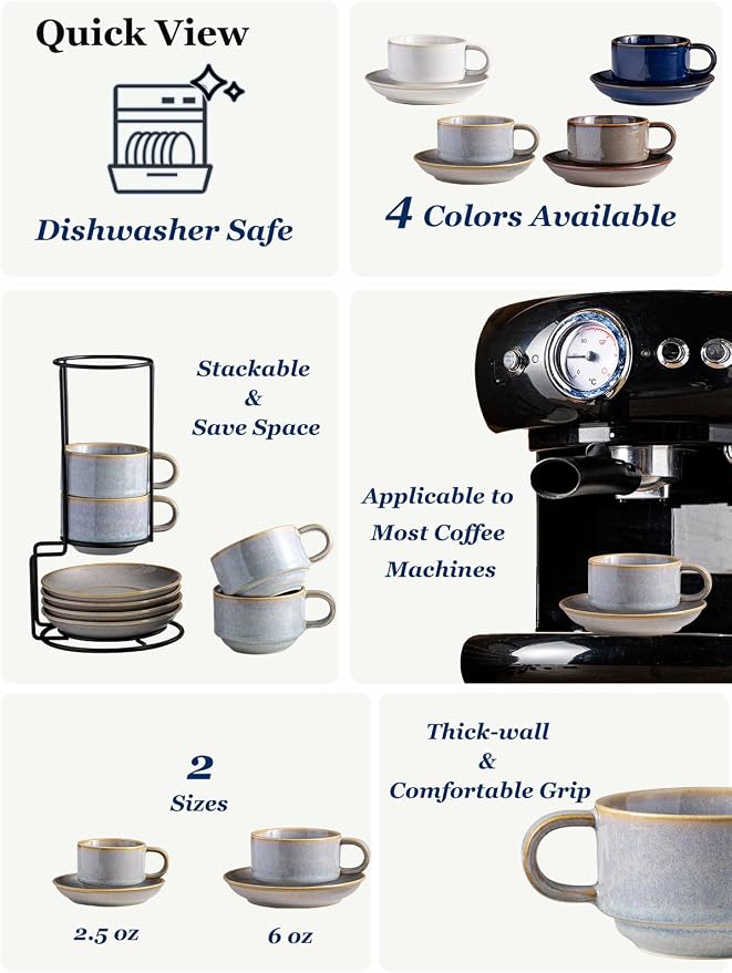 Gomakren 6 Ounce Cappuccino Cups with Saucers and Metal Stand, Stackable Coffee Cup Set of 4, Father's Day Porcelain Espresso Cups for Coffee Drinks, Cappuccino, Latte, Americano, Tea, Gray