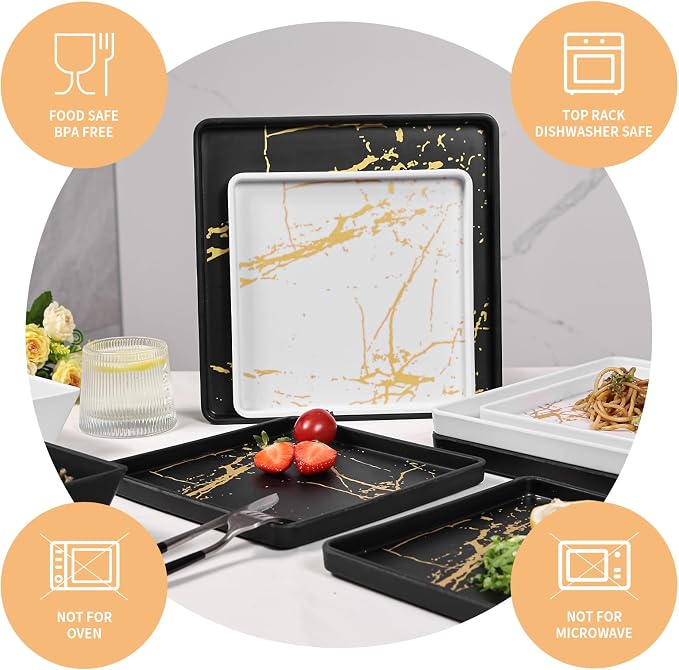 Square Melamine Dinnerware Sets of 12 Pcs,Square Plates and Bowls Sets,Unbreakable Dish Set for 4,Lightweight, Dishwasher Safe and BPA Free,Suit for RV,Camping （Black and White）