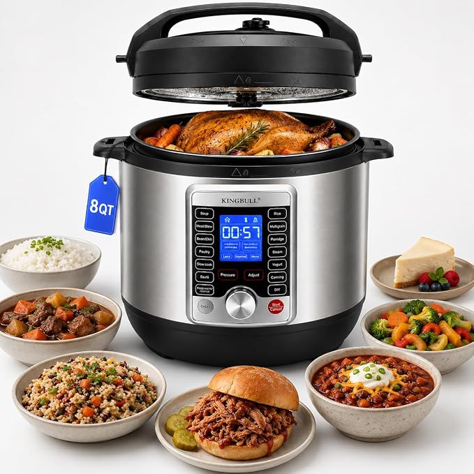 KINGBULL 14-in-1 Electric Pressure Cooker 8 Quart, Stainless Steel Multi Cooker with LCD Display and Knob Control, Slow Cooker, Rice Cooker, Steamer, Sauté, Yogurt Maker, Warmer, DIY Mode