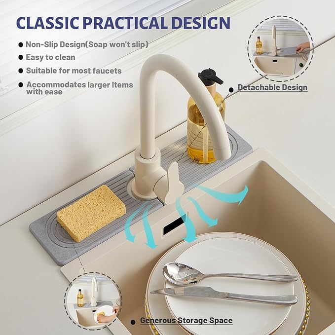 Stone Faucet Mat for Kitchen Sink, Faucet Mat Fast Drying Diatomite, Sink Splash Guard Water Absorbing Stone Tray for Sink, Counter Protector for Kitchen & Bathroom