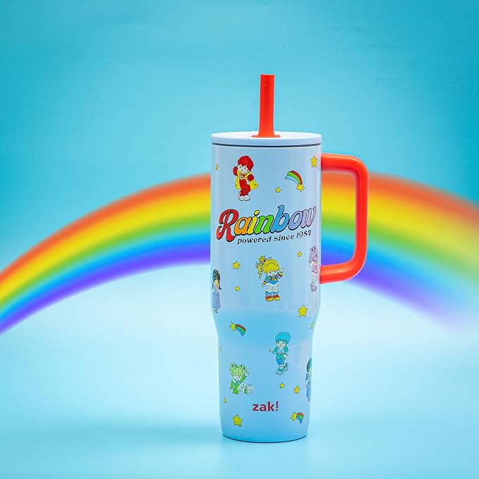 Zak Designs Rainbow Brite Sutton Travel Tumbler for On the Go, 30oz Stainless Steel with Vacuum Insulation, Silicone Straw, and Carry Handle for Cold Drinks (Rainbow Brite, Color Kids)