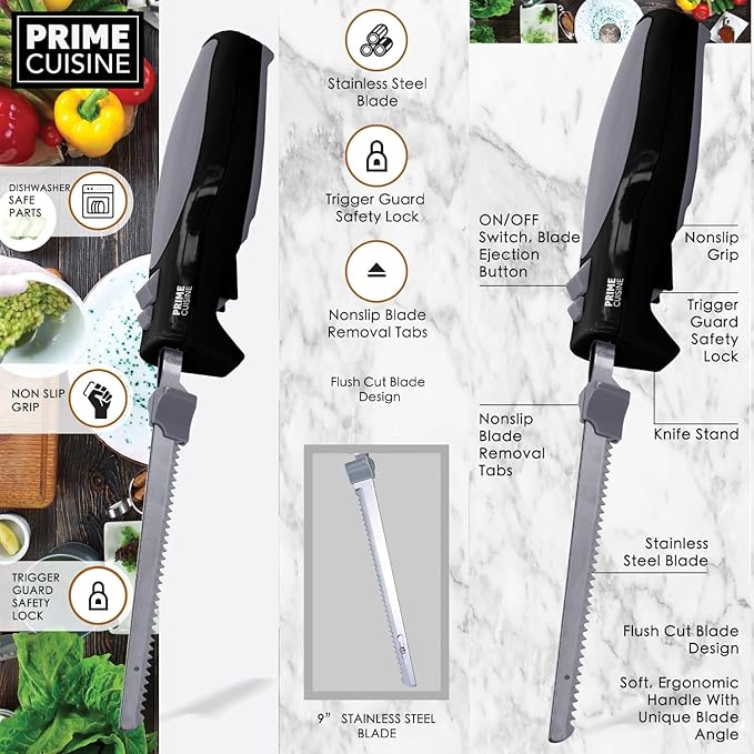 Electric Knife With Cord| 9" Stainless Steel Blade | Non-Slip Grip | Dishwasher Safe Parts | Trigger Lock Safety | Ergonomic Handle | Includes Knife Stand