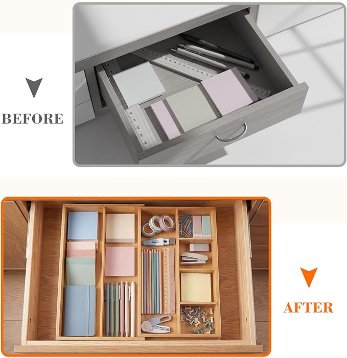 Bamboo Sliding Desk Drawer Organizer 8.2'' up to 16.4'' x 14.4'' x 2.2'' Expandable Office Desk Accessories Supplies Tray with 7 Compartments for Pens, Notebooks, Rulers, and Makeup Jewelry Vanity