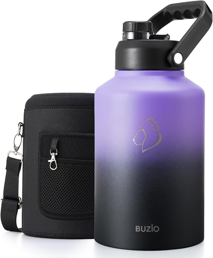 BUZIO 1 Gallon Water Jug Insulated, Stainless Steel Bottle With Large Handle & Spout Lid, 3.58" Big Wide Mouth BPA-Free Leakproof Metal Water Flask For Camping, Adventure, Sports, Black & Purple