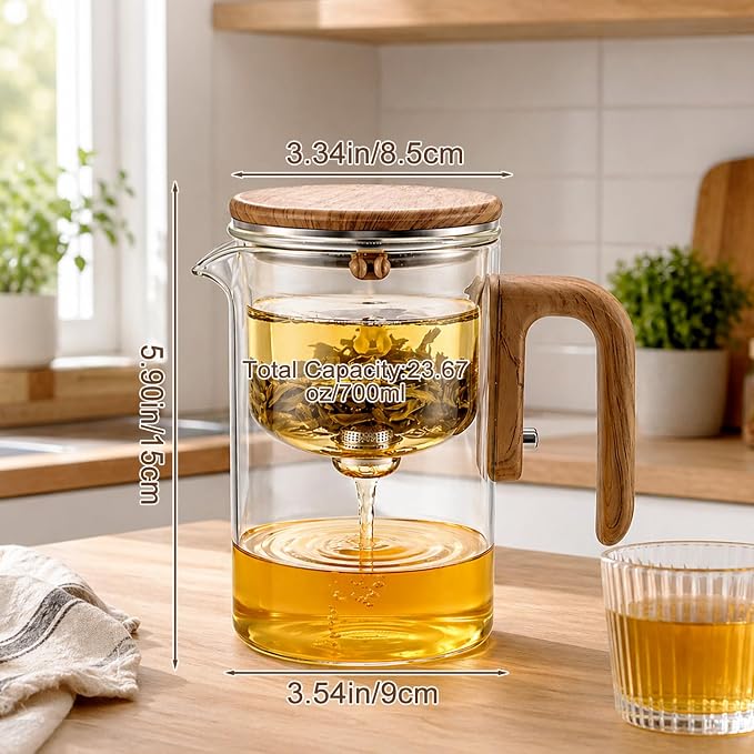 Magic Glass Teapot with Infuser, 24oz (700ml) Heat-Resist Boro Glass Brewer, Instant Water Separation & Clean-Press Leaf Removal, Perfect for Blooming & Loose Leaf Tea, Elegant Gift Box