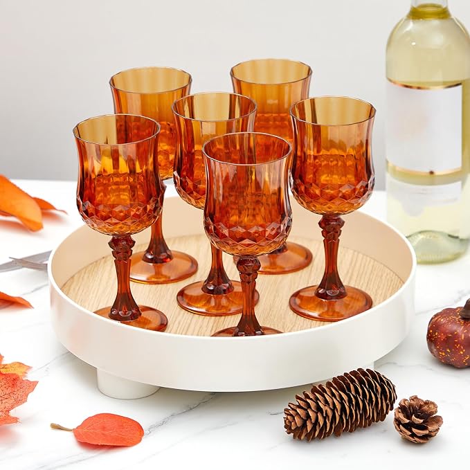 Pinkunn 6 Pcs 7 oz Plastic Vintage Wine Glasses Reusable Colored Goblets Patterned Drinking Water Glasses Cup Dishwasher Safe for Mother's Day Wedding Reception Party Supplies (Amber)