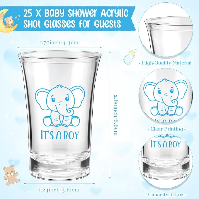 Pickmesh 25 Sets Baby Shower Shot Glasses for Guests Include Acrylic Clear Shot Glasses Thank You Cards Organza Bags Babies Shower Gifts for Gender Reveal Party Supplies (Elephant Boy)