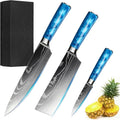 3-Piece Premium Japanese Kitchen Knife Set - Star Collection, Laser Damascus Pattern, 440A Stainless Steel Ultra Sharp for Fast Cutting (Blue 3J)