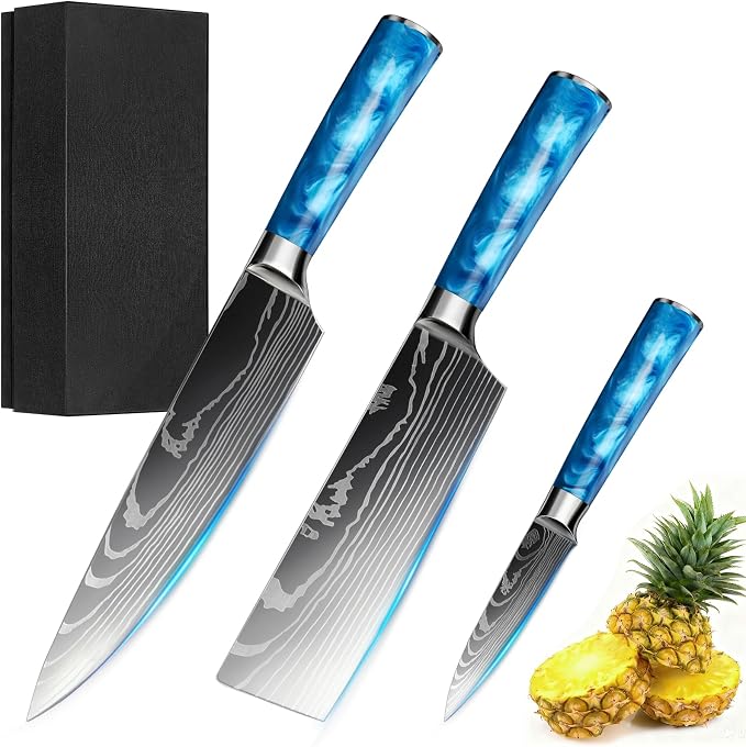 3-Piece Premium Japanese Kitchen Knife Set - Star Collection, Laser Damascus Pattern, 440A Stainless Steel Ultra Sharp for Fast Cutting (Blue 3J)