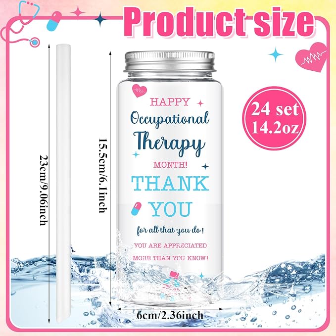 Skylety 24 Pack Occupational Therapy Gifts Cups Bulk, OT Month Appreciation Gifts, Plastic Cups with Lids and Straws for OT Doctor Nurse Occupational Therapy Assistant Employee Staff Party Supplies