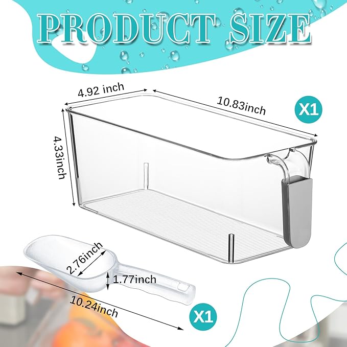 Havawish 1 Set Ice Bin and Flexible Scoop Set Plastic Freezer Ice Bin with Pull out Handle Storage Bucket Clear for Container with Bucket Scoop (10.83 x 4.92 x 4.33 in,Grey)