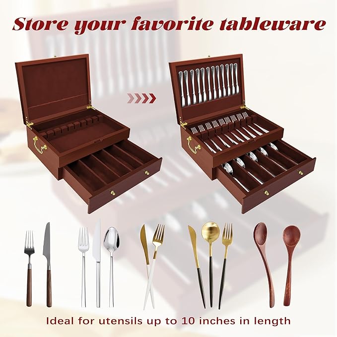 Silverware Storage Box Solid Wood with Lid, Silverware Organizer with Handle and Felt Lined, Silverware Storage Chest for Flatware and Utensils Home Decor Gift, Chest for Flatware (Walnut, 2 Layer)
