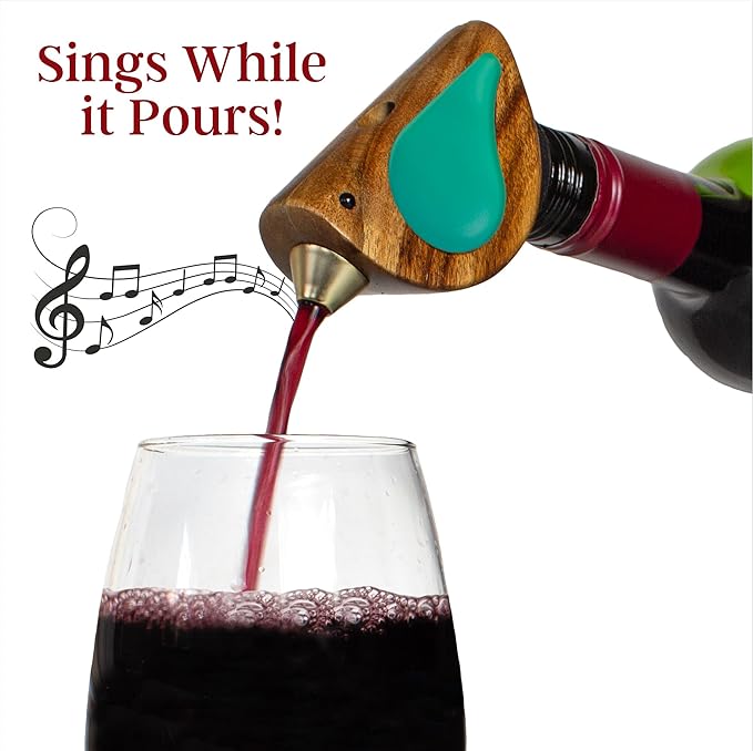 Songbird Specialties Wine Bottle Pourer, Fun Wine Pourer Spout Sings While It Pours, Airtight Wine Bottle Sealer, Acacia Wood with Turquoise Wings