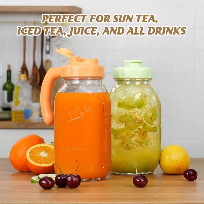 Soligt Glass Mason Jar Pitcher with Lid, Wide Mouth Flip Cap Pour Spout Leak-proof Lid with Handle, 64 oz (2 Quart / 1.9 Liter), for Iced Coffee/Sun Tea Juice/Cold Brew Coffee (1Pack, Carrot Orange)