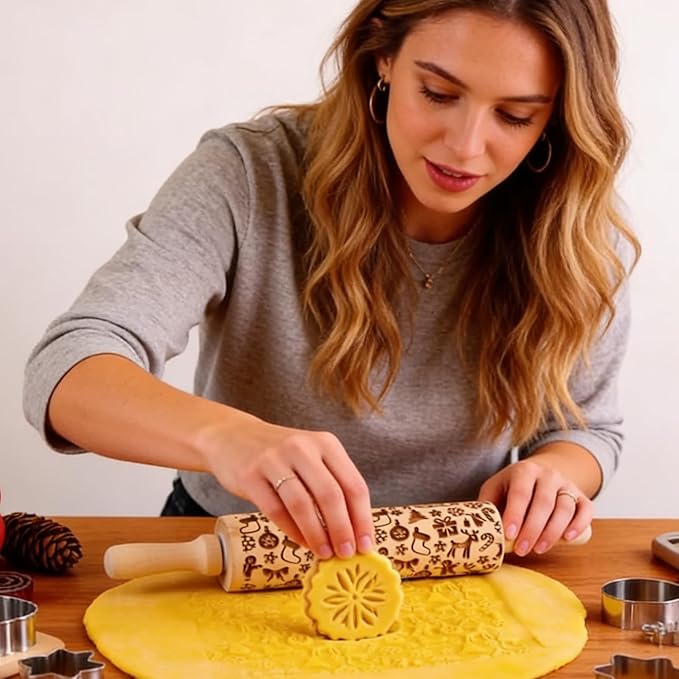 Wooden Embossed Rolling Pin for Baking & Crafts-Easy to Clean, Lightweight Design for Cookie Dough, Pie Crust & Pastry- Deep Engraved Pattern Roller Also Perfect for Clay- Essential Kitchen & DIY Tool