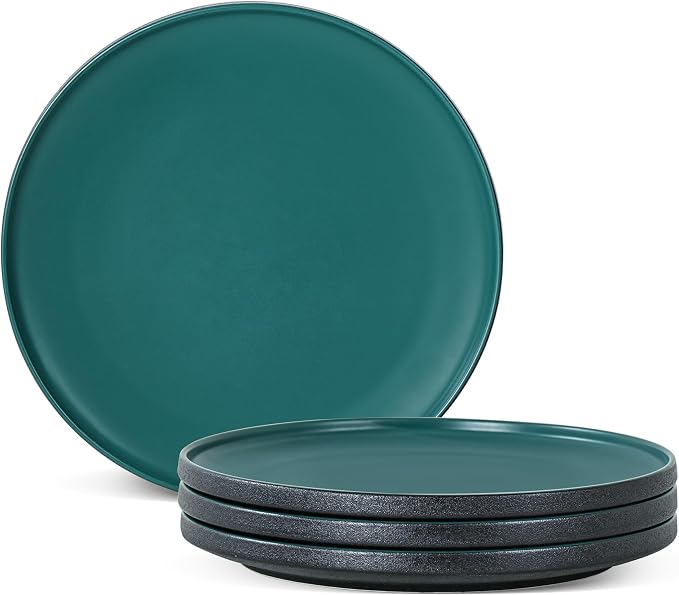 Ceramic Dinner Plates, 10.25 Inch, Set for 4, Modern Green | Flat Dish Design, Microwave & Dishwasher Safe, Perfect for Family and Entertaining, For Steak, Sandwiches, Pizza, Pasta