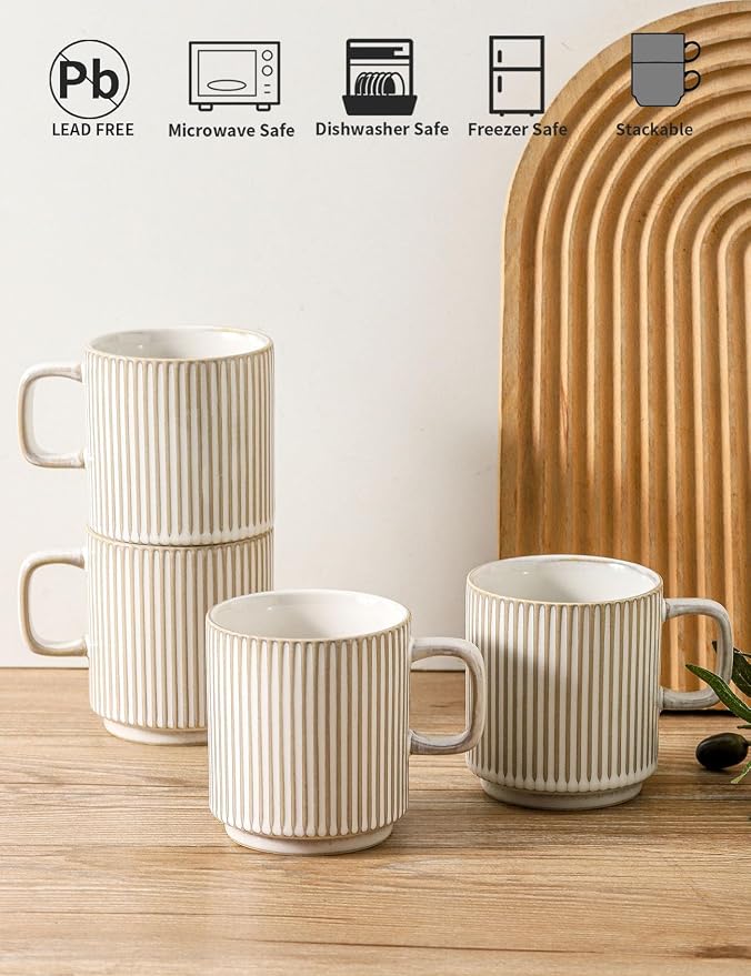 Coffee Mugs Set of 4, Ceramic Ribbed Coffee Mug, Tea Coffee Cups Set with Handle, Porcelain Mug for Americano, Latte, Cappuccino, Hot Chocolate, Glazed White