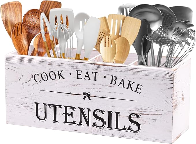 Kitchen Utensil Holder for Counter or Countertop, Extra Large Wood Organizer with 4 Compartments, Wooden Storage for Cooking and Silverware, Rustic Minimalist Decor, Sturdy Utensil Crock-White