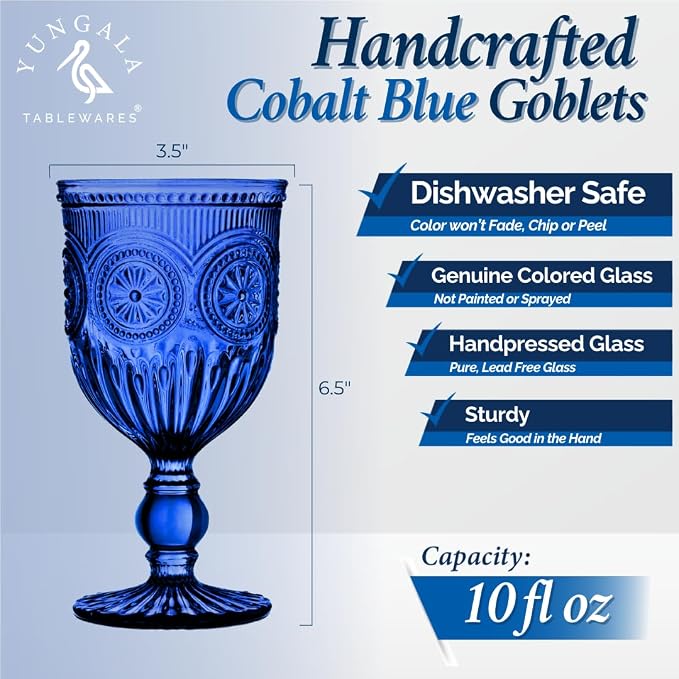 Cobalt Wine Glasses Set of 6 Goblets - Handcrafted Vintage Glassware with Sunflower Motif, Dishwasher Safe Cobalt Blue Glassware